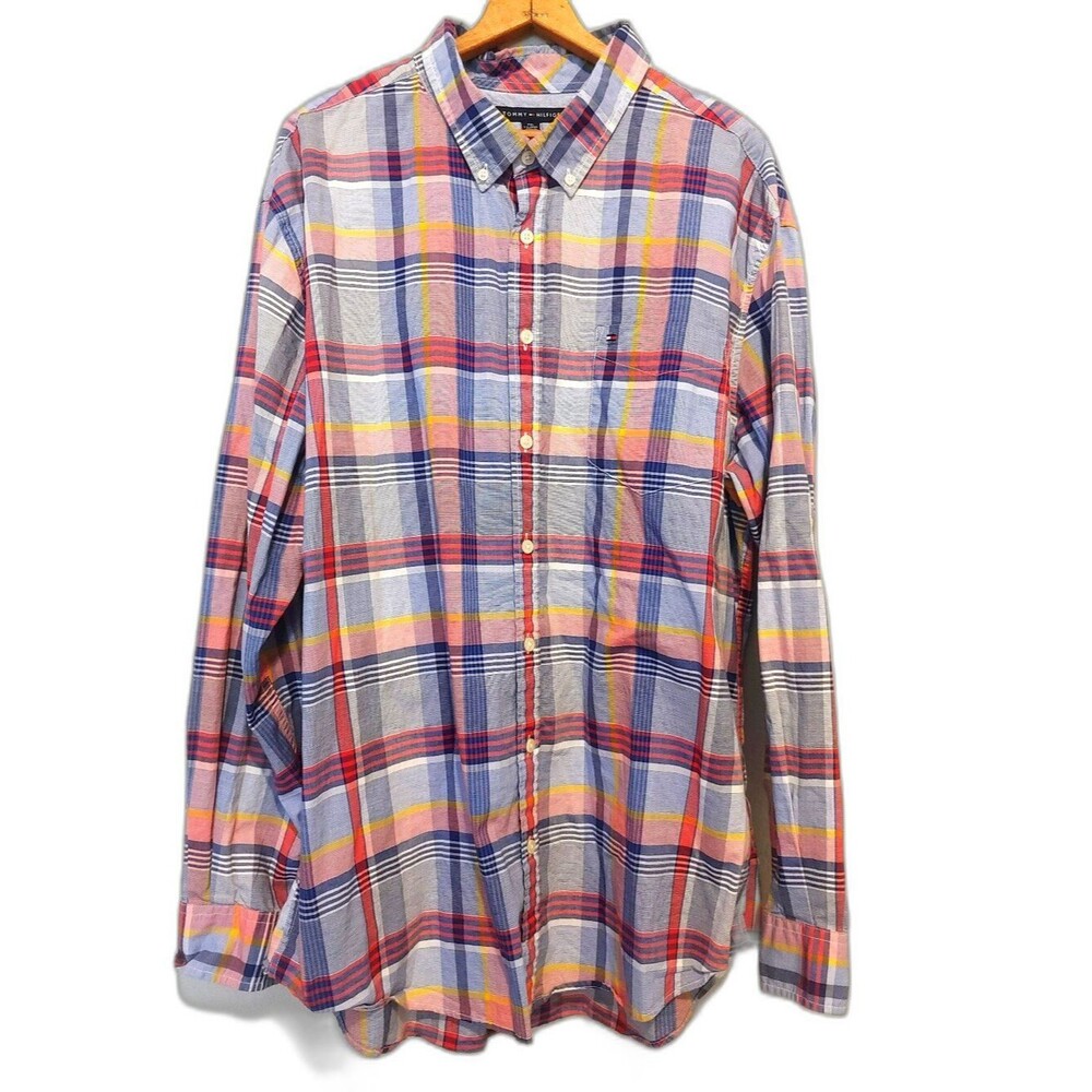 Vintage Tommy Hilfiger Long Sleeve Madras Plaid Shirt Custom Fit Cotton Men XXL